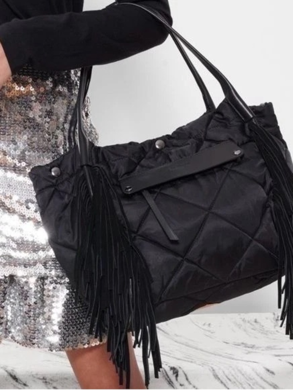 MZ Wallace Madison Black Quilted Fringe crossbody tote